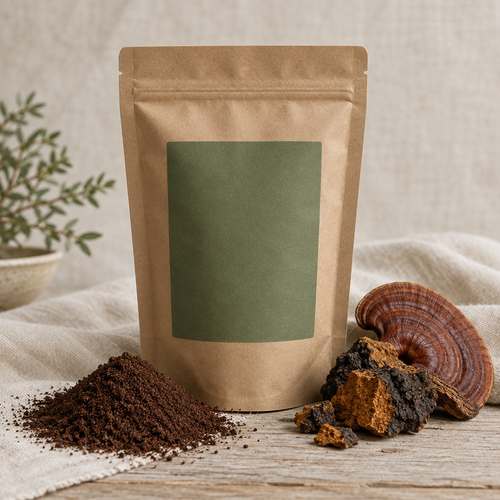 Ember Morning mushroom coffee pouch with reishi and chaga on linen