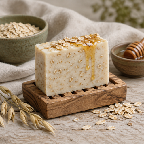 Oatmeal and honey soap bar on a wooden dish with scattered oats