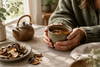 Hands holding a warm mug of mushroom tea on a linen table