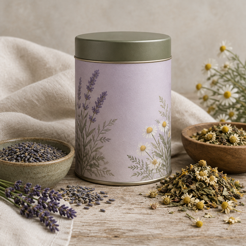 Nightfall herbal tea tin with dried lavender and chamomile