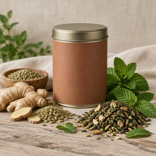 Settle herbal tea tin with dried ginger, fennel and peppermint