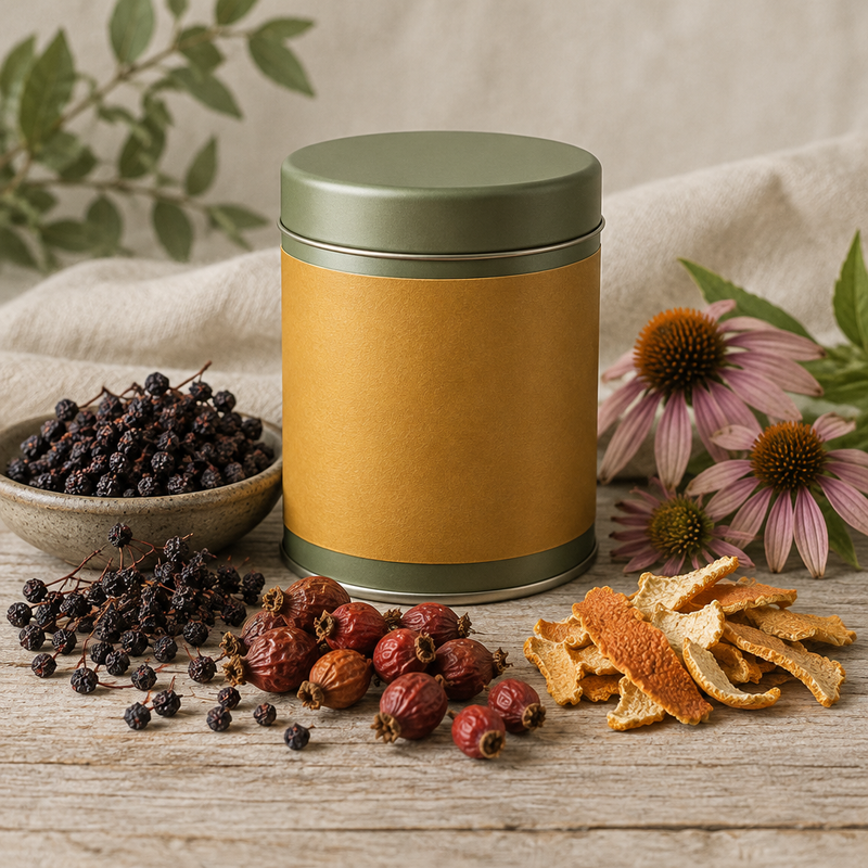 Hearthguard herbal tea tin with dried elderberries, rosehips and orange peel
