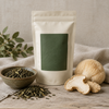 Clear Head mushroom tea pouch with loose leaf tea and lion's mane slices